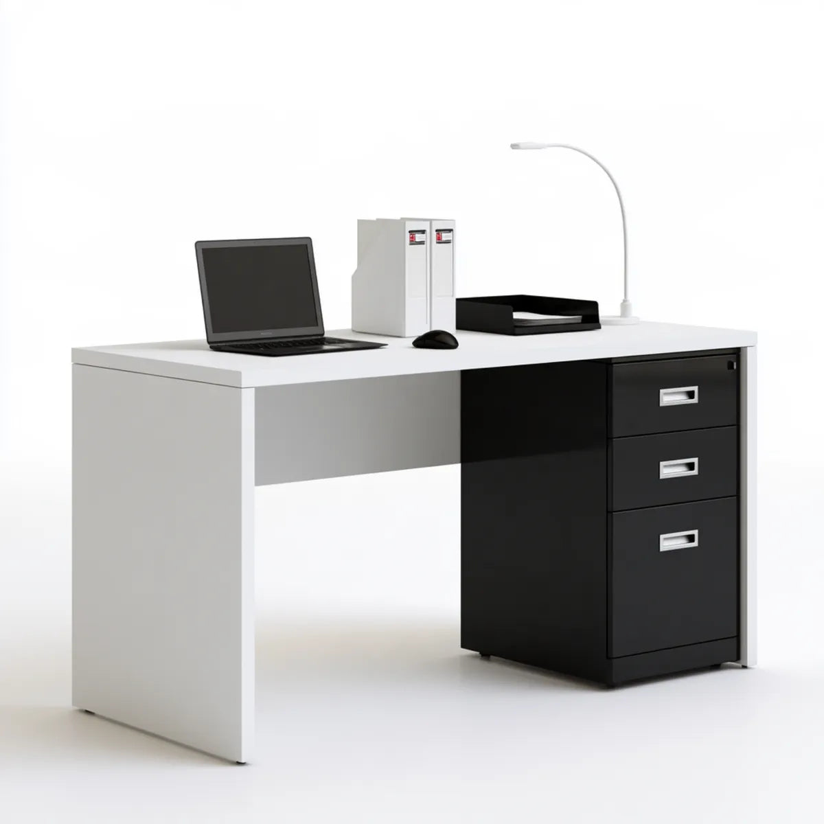 White and Black Particleboard Desk with 3-Drawer File Cabinet, 47.2 x 23.6 x 29.5 in