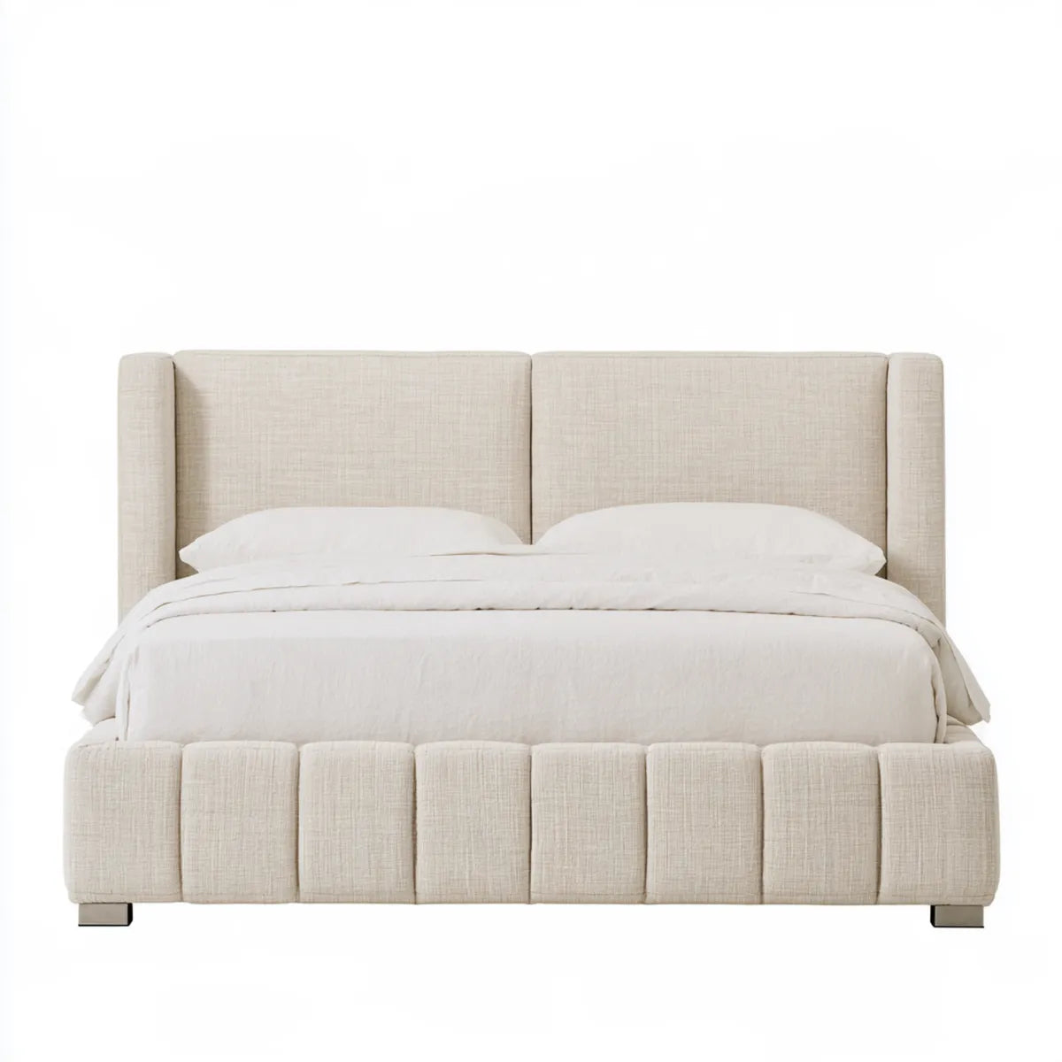 King Upholstered Platform Bed Frame, 86 x 82 x 60 in, Beige Polyester, Wingback Headboard