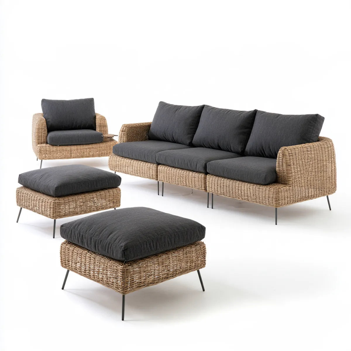 4-Piece Outdoor Water Hyacinth Sofa Set with 220 cm 3-Seat Sofa, Armchair, 2 Ottomans, Charcoal Cushions and Steel Legs