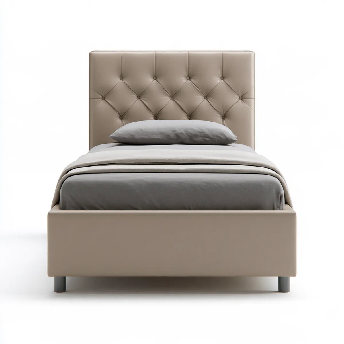 Queen Upholstered Platform Bed Frame, 64 x 86 x 52 in, Taupe PU Leather, Button-Tufted Headboard