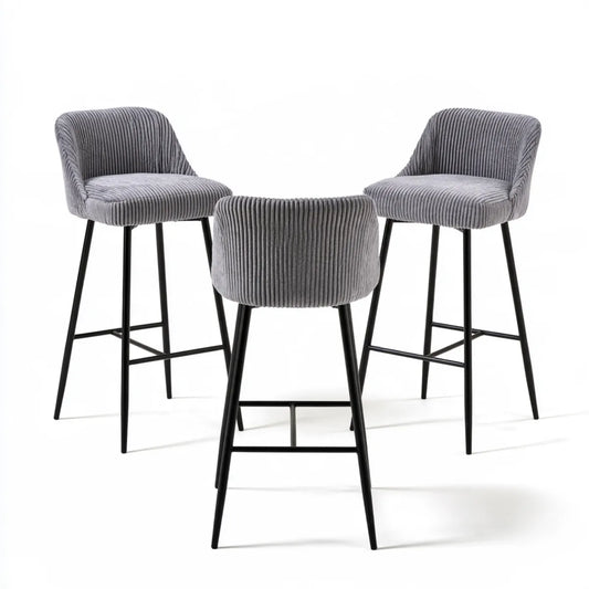 Set of 3 Gray Polyester Corduroy Upholstered Steel Bar Stools, 48 x 52 x 104 cm, Curved Back
