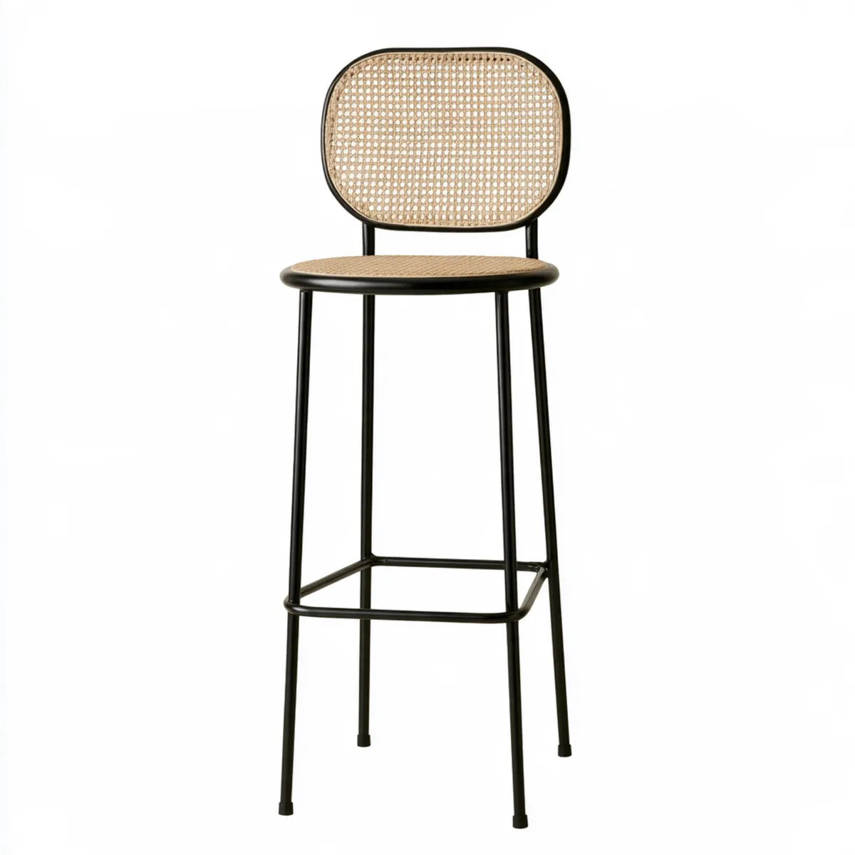 Indoor Bar Stool, 18 x 20 x 40 in, Black Steel Frame with Natural Rattan Seat and Rounded Backrest