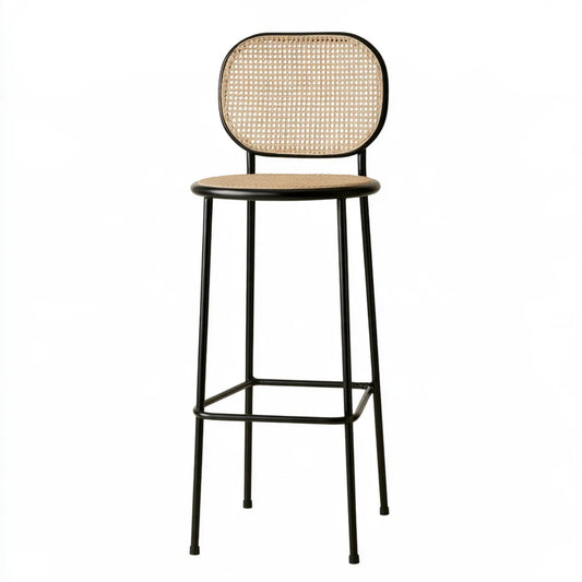 Indoor Bar Stool, 18 x 20 x 40 in, Black Steel Frame with Natural Rattan Seat and Rounded Backrest