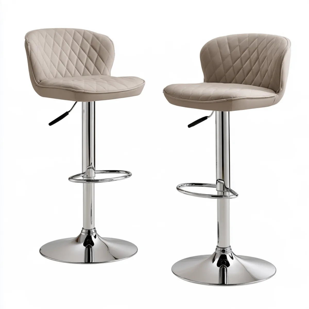 2-Piece Adjustable Bar Stool Set, 20.5 x 19 x 33-41.5 in, Beige PVC Upholstery, Chrome Steel Round Base