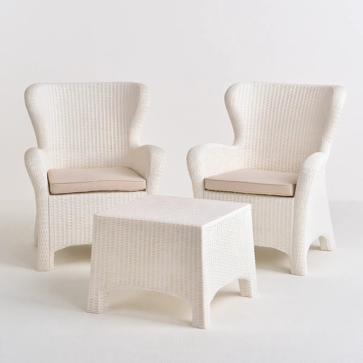 Outdoor Wicker Conversation Set, 2 White High-Back Armchairs with Beige Cushions and Rectangular Coffee Table, Chairs 29 x 31 x 42 in, Table 32 x 20 x 18 in