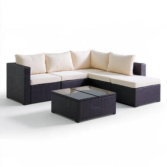 Outdoor Patio 4-Piece PE Rattan L-Shaped Sectional Sofa Set with Coffee Table, Black and Cream, 220 x 220 x 65 cm