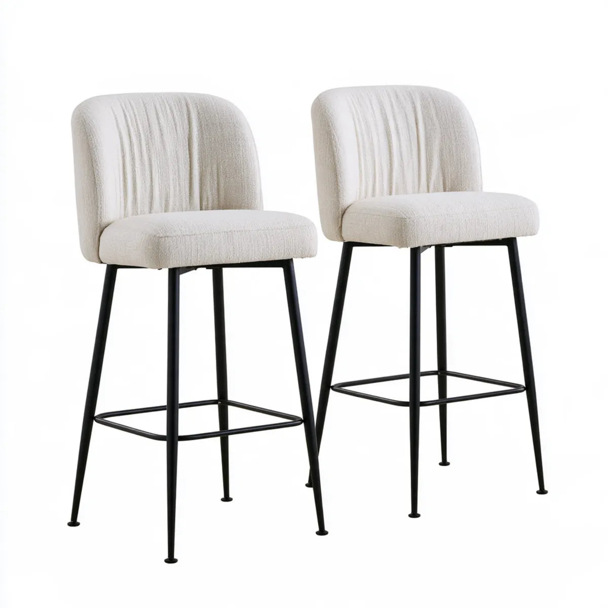 Set of 2 Curved Cream Polyester Boucle Bar Stools with Backrests, Black Steel Legs, 19 in W x 21 in D x 38 in H
