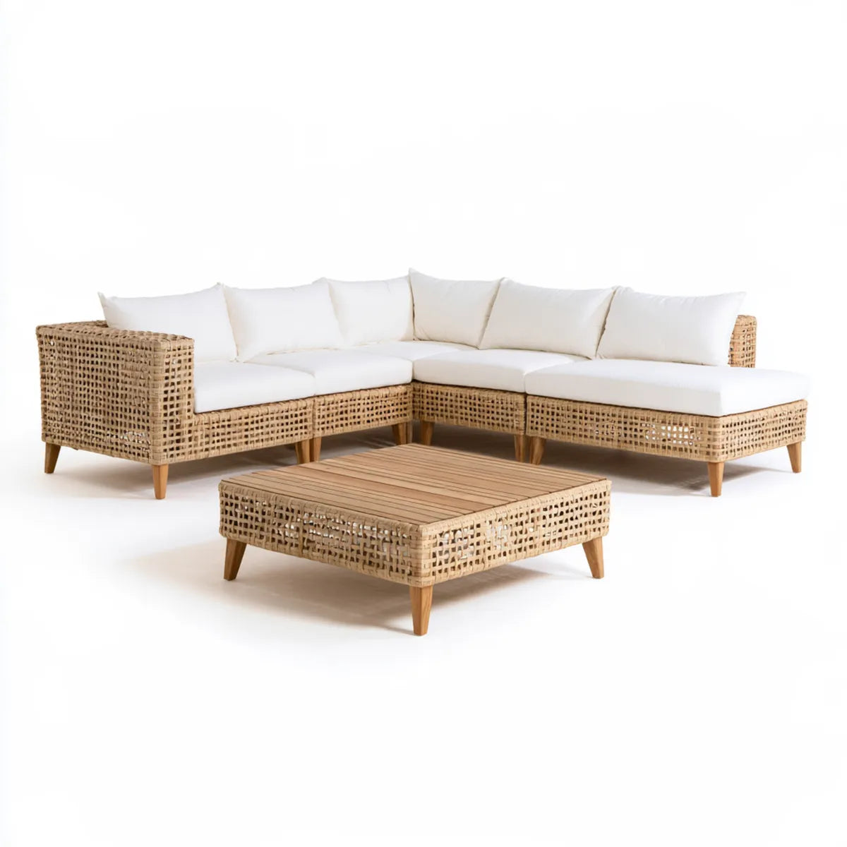 Outdoor Rattan L-Shaped Sectional Sofa Set with Coffee Table, 104 x 104 x 30 in, Natural/Ivory
