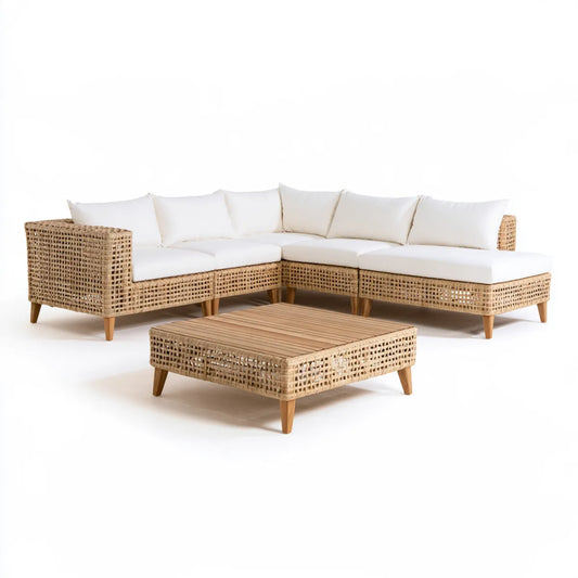 Outdoor Rattan L-Shaped Sectional Sofa Set with Coffee Table, 104 x 104 x 30 in, Natural/Ivory