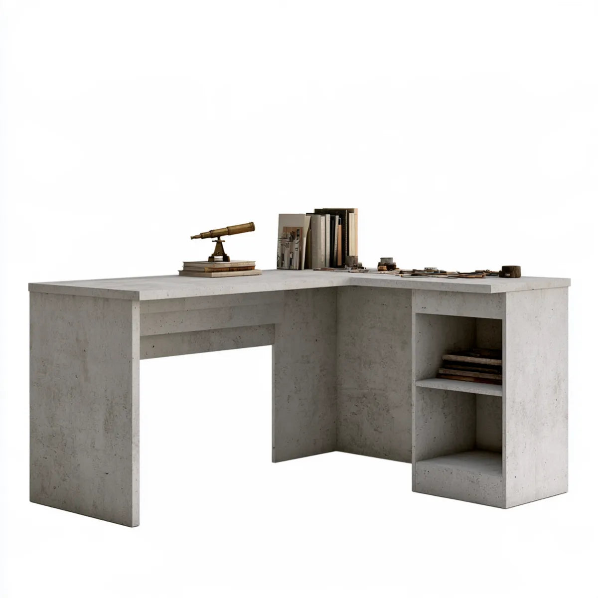 L-Shaped Office Desk with 2 Storage Shelves, 59.1 x 47.2 x 29.5 in, Gray Concrete-Effect Particleboard