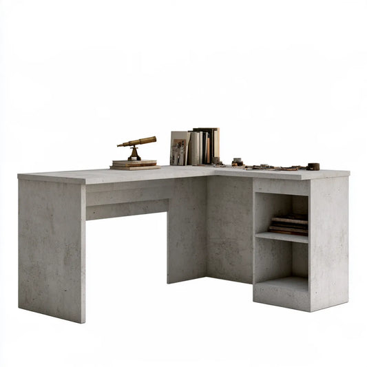 L-Shaped Office Desk with 2 Storage Shelves, 59.1 x 47.2 x 29.5 in, Gray Concrete-Effect Particleboard