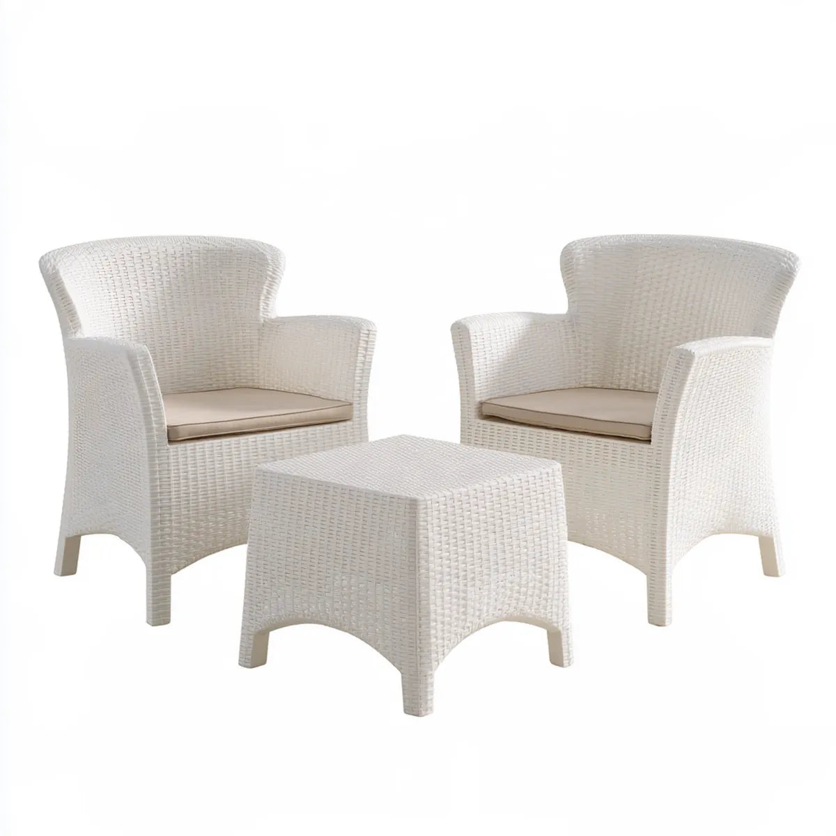 3-Piece Outdoor Patio Conversation Set with 2 White PE Rattan Armchairs, Beige Cushions and Square Coffee Table, Chairs 27.6 x 26 x 33.5 in