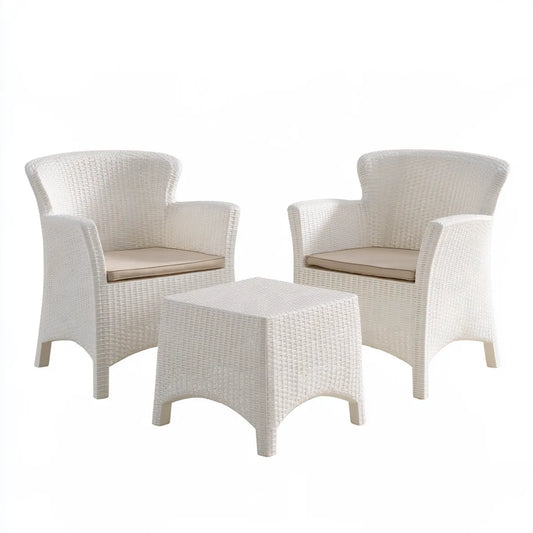 3-Piece Outdoor Patio Conversation Set with 2 White PE Rattan Armchairs, Beige Cushions and Square Coffee Table, Chairs 27.6 x 26 x 33.5 in