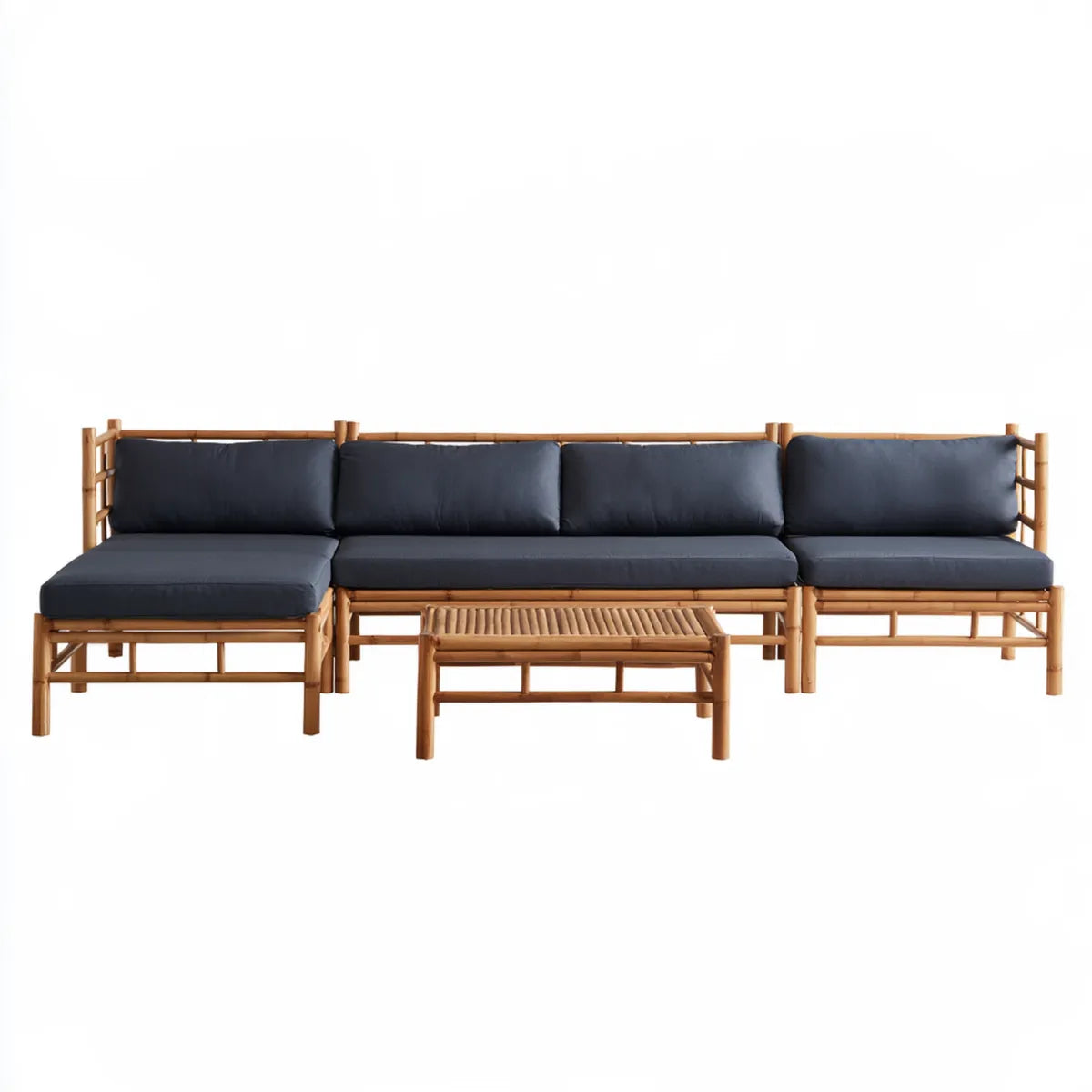 4-Seat Bamboo Outdoor Sectional Sofa Set with Coffee Table, Natural Brown/Dark Gray, 280 x 150 x 70 cm