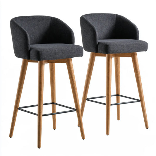 Set of 2 Upholstered Bar Stools, 16.1 x 18.9 x 40.2 in, Dark Gray Polyester, Rubberwood