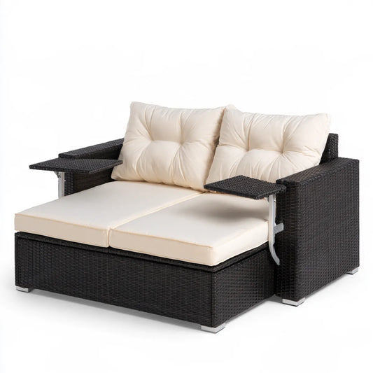 Outdoor PE Rattan Double Loveseat with Folding Side Tables, 59.1 x 35.4 x 33.5 in, Black/Cream