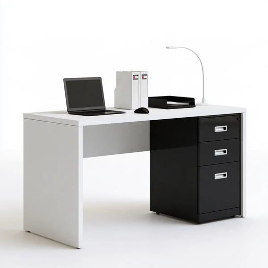 White and Black Particleboard Desk with 3-Drawer File Cabinet, 47.2 x 23.6 x 29.5 in