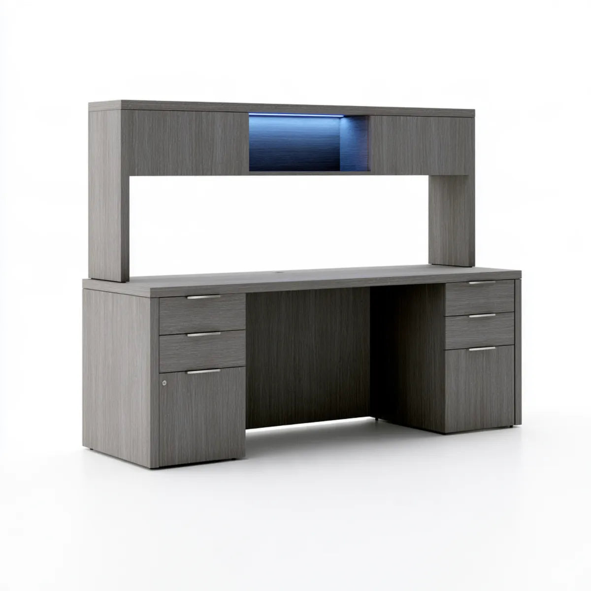 60 x 24 x 72 in Gray Engineered Wood Computer Desk with Hutch, 4 Drawers, 2 Cabinets and Blue LED Light