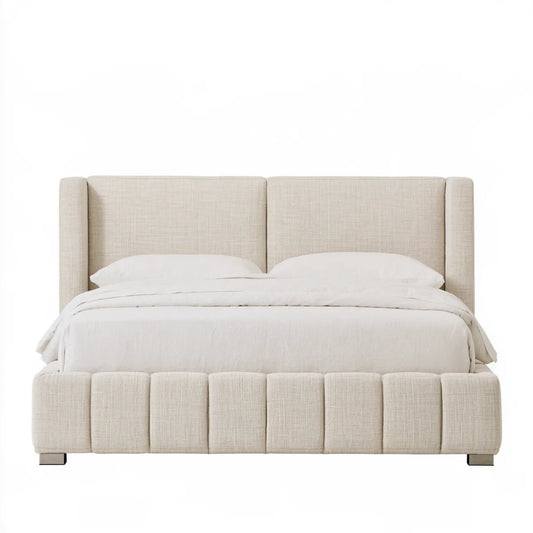 King Upholstered Platform Bed Frame, 86 x 82 x 60 in, Beige Polyester, Wingback Headboard