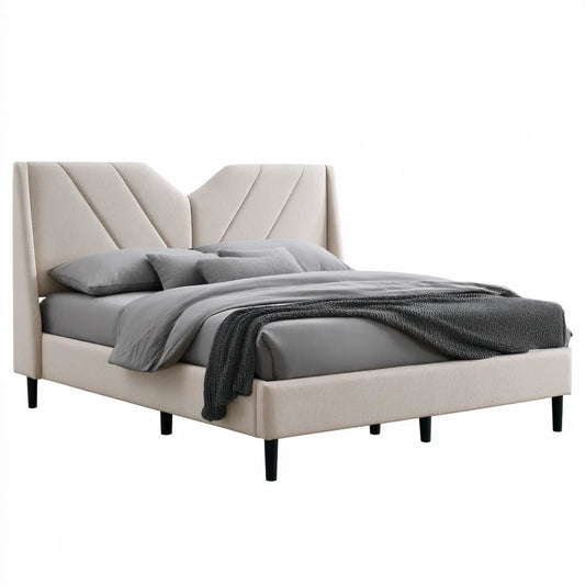 Queen Upholstered Platform Bed Frame, 64 x 86 x 49 in, Beige Polyester with Black Steel Legs