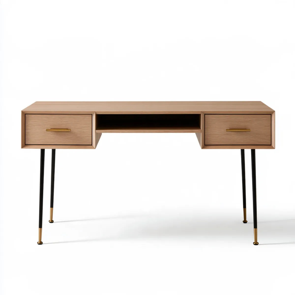 Light Oak Engineered Wood Writing Desk with 2 Drawers and Open Shelf, 47.2 x 23.6 x 29.5 in, Black Metal Legs