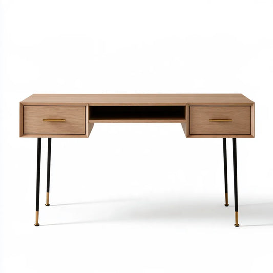 Light Oak Engineered Wood Writing Desk with 2 Drawers and Open Shelf, 47.2 x 23.6 x 29.5 in, Black Metal Legs