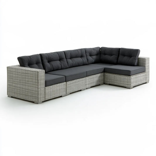 Outdoor L-Shaped Sectional Sofa Set, Gray PE Rattan and Black Fabric Cushions, 110.2 x 82.7 x 24.8 in