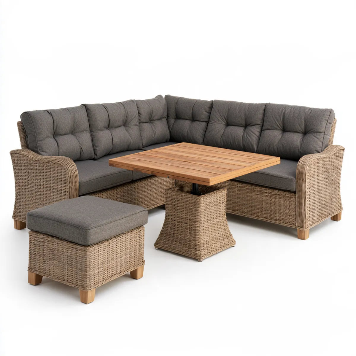 4-Piece Outdoor PE Rattan Corner Sofa Set with Lift Table and Ottoman, Natural Brown/Gray, 90.6 x 90.6 in