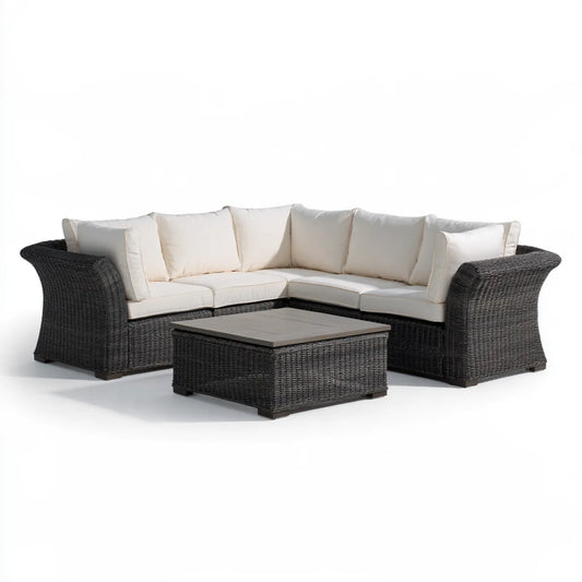 Outdoor Wicker L-Shaped Sectional Sofa Set with Coffee Table, 108 x 80 x 31 in, Dark Gray, Cream and Gray