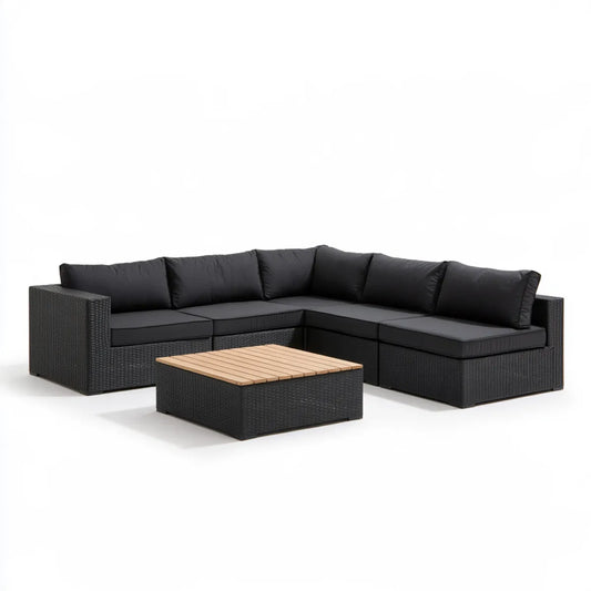 Outdoor PE Rattan L-Shaped Sectional Sofa Set with Acacia Wood Coffee Table, 102.4 x 81.9 x 25.6 in, Black/Natural Brown, 4-Piece Set