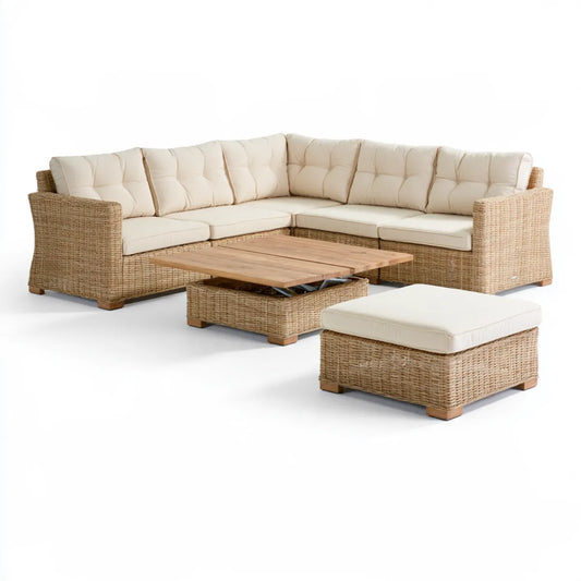 Outdoor Wicker L-Shaped Sectional Sofa Set, 104 x 104 in, with Lift-Top Coffee Table and Ottoman, Natural Brown/Beige