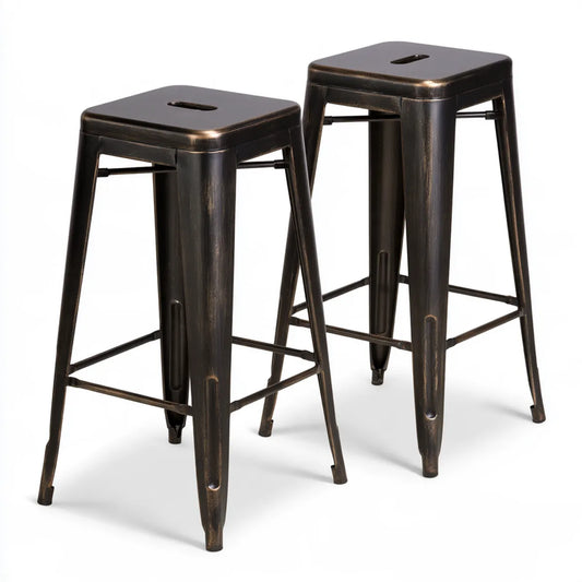 Set of 2 Backless Steel Bar Stools, 17.7 x 17.7 x 30 in, Black/Bronze