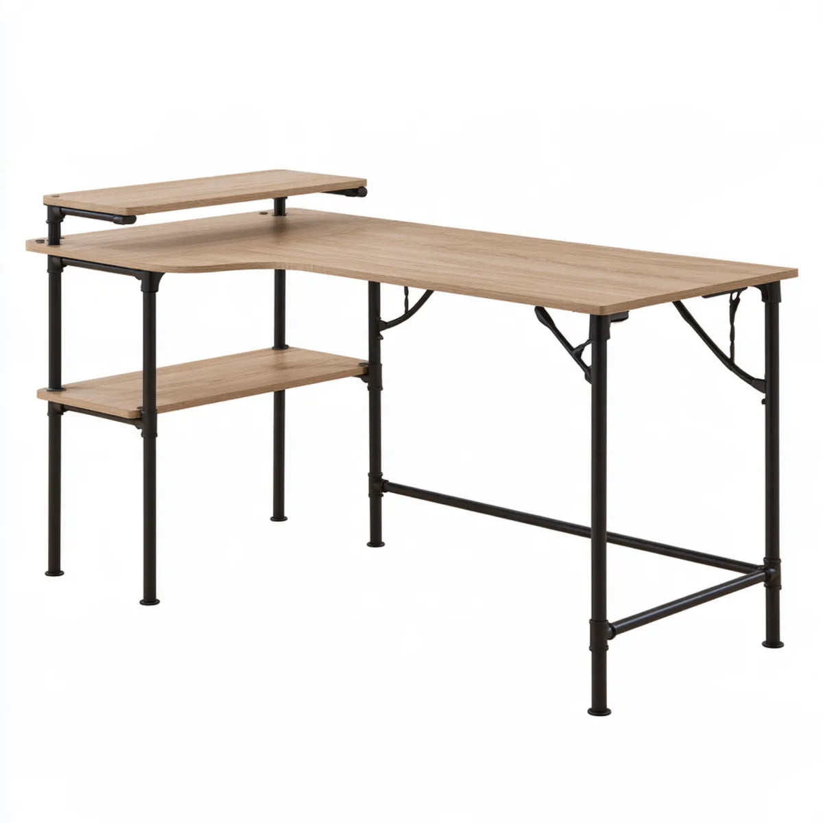 L-Shaped Computer Desk with Monitor Shelf and Storage Shelf, 59.1 x 47.2 x 35.4 Inches, Rustic Brown Particleboard and Steel