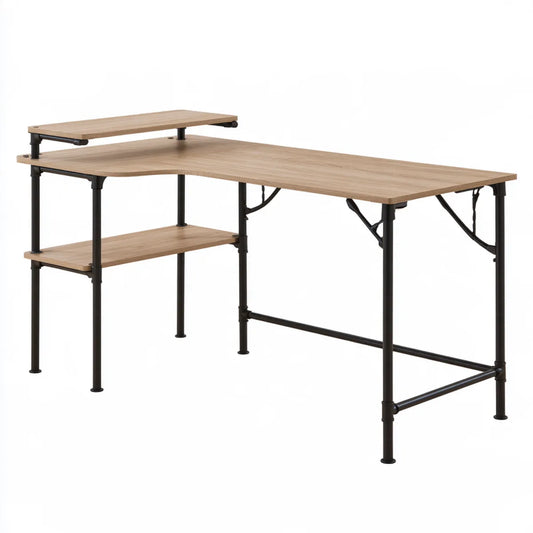 L-Shaped Computer Desk with Monitor Shelf and Storage Shelf, 59.1 x 47.2 x 35.4 Inches, Rustic Brown Particleboard and Steel